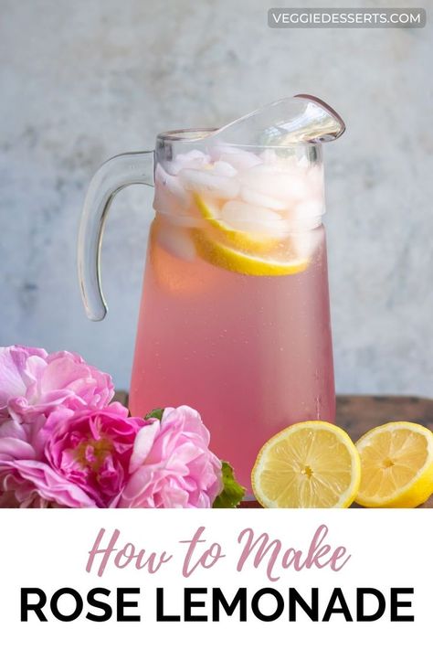 Pitcher of rose lemonade. Rose Syrup Recipe, Lemonade Simple Syrup, Veggie Desserts, Lemonade Sangria, Rose Drink, Flavored Lemonade, Floral Drink, Rose Lemonade, Peach Syrup