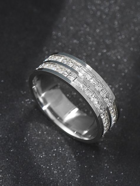 Silver Glamorous   Stainless Steel  Single Ring Embellished   Jewelry Silver Men Rings Wedding Bands, Silver Man Wedding Band, Fancy Wedding Rings For Men, Groom Wedding Ring Silver, Silver Men Wedding Ring, Wedding Band For Men Diamond, Grooms Ring Silver, Silver Mens Rings Wedding, Silver Man Wedding Ring