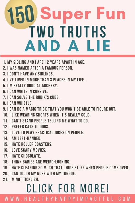 White Lie Ideas, 2 Truths And A Lie, Two Truths And A Lie, Funny Games For Groups, The Good Lie, Fun Sleepover Games, Wallpapers Funny, Elementary Physical Education, Dinner Party Games