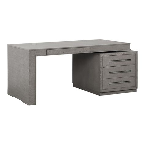 PRICES MAY VARY. Material: Oak solids, oak veneers wood Finish: Moonstone gray, black Drop front center drawer accommodates keyboard Dual outlet power center with 2 USB charging ports Wire management grommet on the desktop. Work from home in modern style with the Pure Modern Executive Desk. Its statement-making silhouette offers and asymmetrical design that feels balanced in every way. Designed for productivity, this desks' substantial work surface is complemented by a hidden center drawer with Wood Executive Desk, Black Desk Office, Modern Executive Desk, Man Office, Grey Desk, Sales Desk, Parker House, Wire Management, Custom Bar