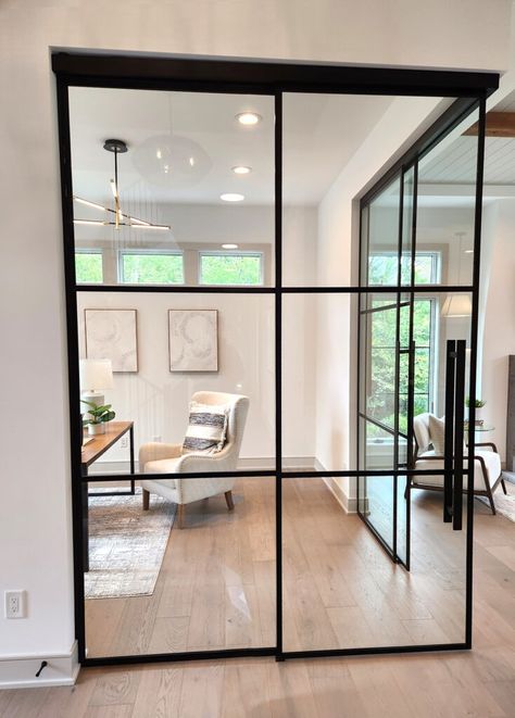 Metal Grid Glass Panels | Rectangular Black Metal Grid | GlassArt Design Game Room With French Doors, Glass Wall Office Design Modern, Glass Enclosed Home Office, Interior Glass Walls In House, Glass Office Design, Room With Glass Wall, Glass Office Door, Home Office Glass Doors, Glass Door Office