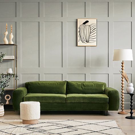 Sofa Colour Combinations, Velvet Sofa Living Room, Green Sofa Living Room, Dream Sofa, Dream Sofas, Green Velvet Sofa, Perfect Paint Color, Green Sofa, Room Color Schemes