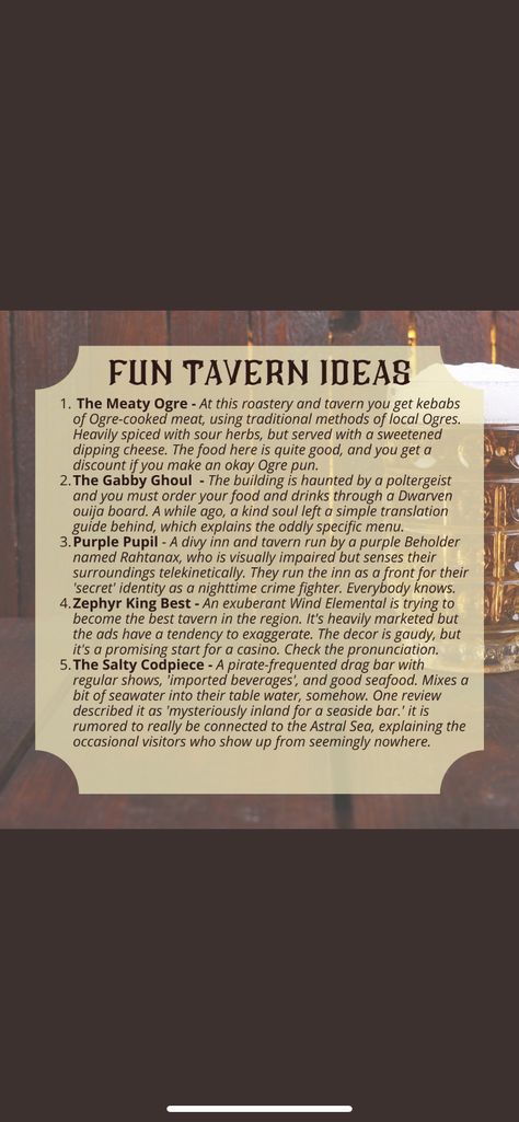 Dnd Pirate Adventure, Dnd Pirate Aesthetic, Dnd Tavern Food, Dnd Tavern Aesthetic, Dungeons And Dragons Tavern, Dnd Tavern, Tavern Ideas, Game Hook, Dnd Campaign