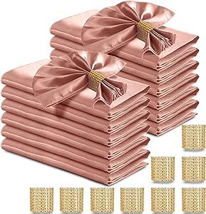 RUDONG M 100 Pcs Rose Gold Satin Napkins and Napkin Rings Set, 17 x 17 Inch Square Cloth Napkins Set of 50, Silky Soft Table Napkins Bulk for Weddings, Banquet, Parties Dinner Decoration Rose Gold Table Setting, Soft Table, Gold Table Setting, Gold Napkin Rings, Rose Gold Satin, Rose Gold Theme, Gold Napkins, Rose Gold Decor, Birthday Dinner Party