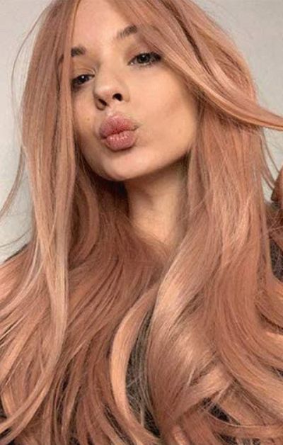 Peachy Rose Gold Hair, Long Peach Hair, Peachy Blonde Hair Rose Gold, Rose Champagne Hair, Strawberry Peach Hair, Light Peach Hair Color, Dusty Peach Hair, Rose Ginger Hair, Strawberry Blonde Pink Hair