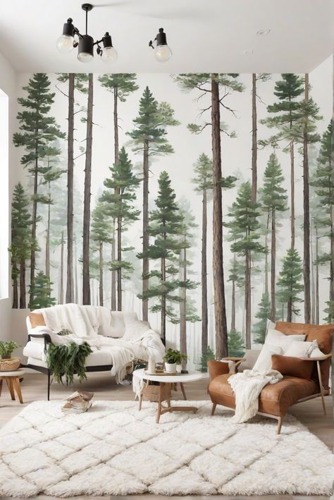 Home decor interior design, Interior bedroom design, Kitchen designs, Living room interior, Designer wall paint, Paint color match, Primer paint for walls Wall Forest Painting, Pine Tree Wall Mural, Painted Pine Trees On The Wall, Forest Wall Mural Painted Diy, Painted Forest Wall, Painted Tree Mural, Diy Forest Mural, Mountain Baby Room, Forest Wall Painting