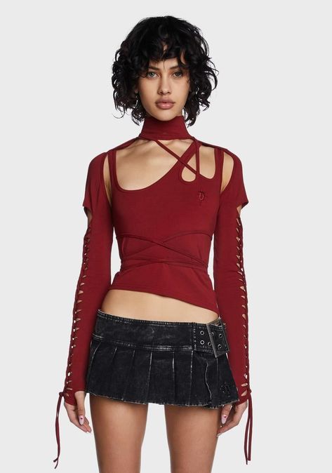 Free, fast shipping on Modulation Cut Out Long Sleeve Top - Red at Dolls Kill, an online boutique for alternative and goth fashion. Shop our exclusive collection of Darker Wavs clothing, shoes, and accessories here. #branding #logoideas

			
	... Red Goth Outfits, Top Cosplay, Dressy Casual Outfits, Music Festival Outfits, Concept Clothing, Mock Neck Long Sleeve, Mock Neckline, Goth Outfits, Red Outfit