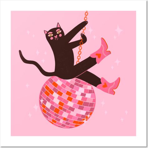 black cat, cat, cowboy like me, cowboy boots, disco ball, cowgirl, mirrorball, weird, slay, fabulous, bold, cute, pink, funny, hot pink -- Choose from our vast selection of art prints and posters to match with your desired size to make the perfect print or poster. Pick your favorite: Movies, TV Shows, Art, and so much more! Available in mini, small, medium, large, and extra-large depending on the design. For men, women, and children. Perfect for decoration. Sapphic Wall Art, Disco Cowgirl Illustration, Funny Feminist Art, Mirrorball Print, Disco Ball Head, Disco Ball Cowgirl, Cowboy Boot Art, Disco Ball Illustration, Cat In Boots