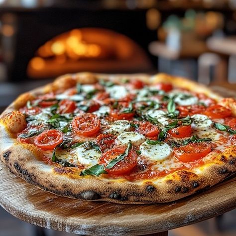 Fresh Margherita pizza with melted mozzarella, juicy cherry tomatoes, and basil on a wooden serving board. Basil Mozzarella Pizza, Pizza Image, Tomato Mozzarella Basil, Pizza Aesthetic, Mozzarella Pizza, Wooden Serving Boards, Pizza Margherita, European Recipes, Margherita Pizza