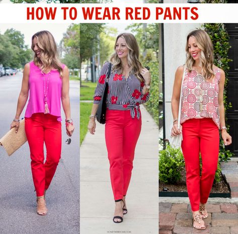 Today we’re taking fashion - a sassy pair of red ankle pants! Have you ever wondered how to style red pants? Here's how to style them 3 different ways! Orange Red Pants Outfit, Red Ankle Pants Outfit, How To Wear Red Pants, What To Wear With Red Pants, How To Style Red Pants, Red Pants Outfit Summer, Blue Pumps Outfit, Red Pants Fashion, Red Trousers Outfit