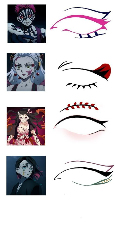 Demon Slayer Hair Styles Ideas, Anime Eyeliner Ideas, Demon Slayer Eyeliner, Anime Inspired Eyeliner, Anime Eyeliner Styles, Demon Slayer Make Up, Anime Inspired Makeup Looks, Simple Anime Nail Ideas, Demon Slayer Hair Styles Drawing