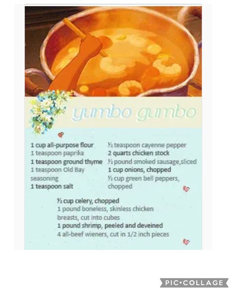 Yumbo Gumbo Recipe, Gumbo Princess And The Frog, Gumbo Recipe Princess And The Frog, Tiana Gumbo Recipe, Princess And The Frog Gumbo Recipe, Princess And The Frog Food Recipes, Tiana's Gumbo Recipe, Princess And The Frog Gumbo, Princess And The Frog Food Ideas