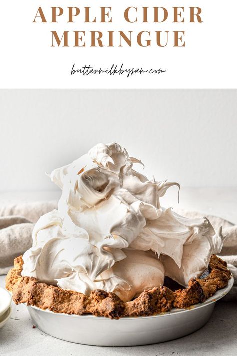 pumpkin pie piled high with an apple cider meringue Meringue Pie Topping, Apple Cider Juice, Pie Topping, Cinnamon Pie, Meringue Pie Recipes, Thanksgiving Pumpkin Pie, Popular Cookies, Italian Meringue, Pie Tops