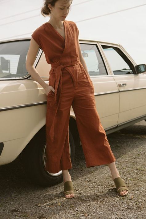 Kain Linen, Orange Jumpsuit, Rusty Orange, Wrap Jumpsuit, Linen Jumpsuit, Long Sleeve Jumpsuit, Neck Wrap, Mode Inspiration, Mode Style