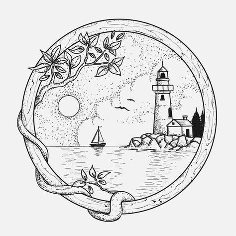 Lighthouse Drawing, Nature Art Drawings, Circle Drawing, Zentangle Drawings, Nature Drawing, Doodle Art Designs, Landscape Drawings, Mini Drawings, Pen Art