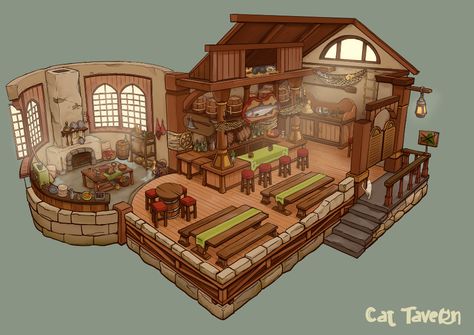 ArtStation - Cat Tavern Dnd Tavern Exterior, Tavern Floor Plan, Minecraft Tavern Ideas Interior, Medieval Tavern Concept Art, Tavern Minecraft Ideas, Minecraft Fantasy Tavern, Minecraft Medieval Tavern Interior, Fantasy Tavern Concept Art, Tavern Decor Interior Design