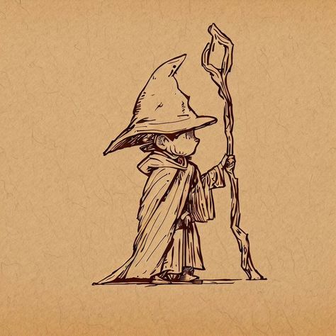 Cute Wizard Art, Cute Wizard Tattoo, Small Wizard Tattoo, How To Draw A Wizard, Wizard Cloak Drawing, Wizard Illustration Character Design, Fantasy Ink Drawing, Fantasy Drawing Ideas Inspiration, Cute Wizard Drawing