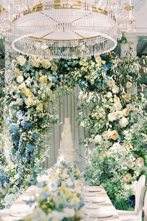 Get inspired by this dreamy blue and white floral wedding decor! Perfect for an elegant and luxurious celebration, this setup features lush hydrangeas, roses, and an ornate chandelier centerpiece. Save this for your wedding mood board and add a touch of classic elegance to your big day! #WeddingDecor #FloralWedding #LuxuryWeddings #BlueAndWhiteWedding White Floral Wedding Decor, Blue And White Floral Wedding, Floral Wedding Decor, Chandelier Centerpiece, High End Wedding, Flowers London, All For Love, White Floral Wedding, Romantic Blue