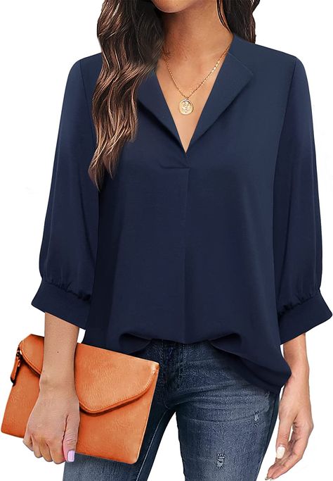 Gaharu Blouse Women's Elegant 3/4 Sleeve Tops Loose Casual V-Neck Tunic Shirt with Lapel Collar Flowy Shirts, Winter Blouses, Tops For Women Casual, Chiffon Tops Blouses, Dressy Shirts, Womens Tops Dressy, Work Blouses, Fashion Business Casual, Business Tops