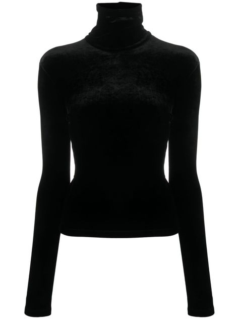 black stretch-design velvet finish high neck rear hook and eye fastening long sleeves straight hem Black High Neck Top, Black Velvet Shirt, Velvet Turtleneck, Cute Black Shirts, Saint Laurent Clothes, Velvet T Shirt, Black Blouse Long Sleeve, Fitted Turtleneck, Velvet Shirt