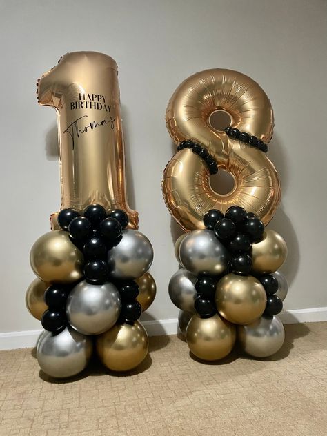 Silver and Gold Balloon Column All our designs include biodegradable high quality balloons and are designed to be air blown using a standard balloon hand pump Pack Includes: - latex balloons for columns - mini balloons to decorate - 2 x foil large number - balloon string - glue dots - vinyl stickers - personalisation sticker - instruction on how to build Please send a message including age and name of the balloon. Takes approx 1.5 hours to build.  When built the design stands approx 5ft tall. Black Gold Silver Balloon Columns, Number Column Balloons, Balloon Column With Numbers, Balloon Columns With Numbers, Black Gold Silver Party, Peppa Pig Balloons, Large Number Balloons, Pig Balloon, Silver Party Decorations