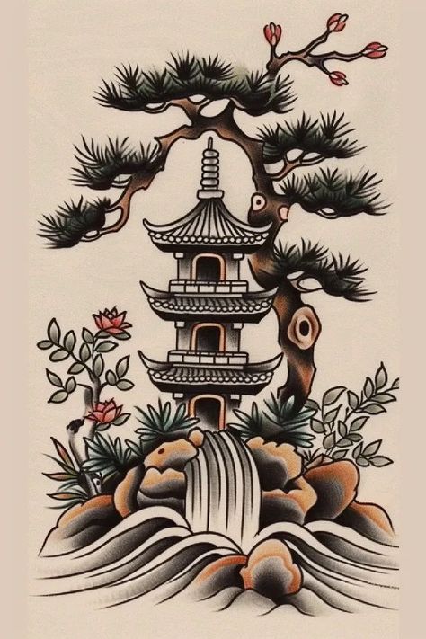 Tattoo idea: tattoo sketch A tranquil Japanese garden with a Wester 10 Bonsai Back Tattoo, Japanese Scenery Tattoo, Japan Leg Tattoo, Japanese Bonsai Tree Tattoo, Japanese Maple Tree Tattoo, Japanese Garden Tattoo, 5150 Tattoo, Japanese Sketch, Japanese Temple Tattoo