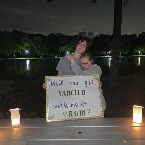 Tangles Promposal, Spotify Promposal Poster, Tangled Promposal Ideas, Hoco Proposals Ideas Tangled, Rapunzel Promposal, Tangled Hoco Proposal, Tangled Promposal, Tangled Dance, Hoco Promposal