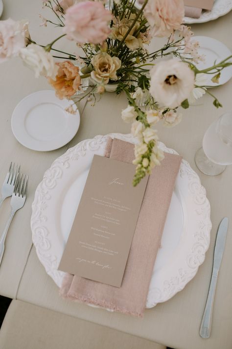 Terracotta Wedding Tablescape, Blush Tablescape Wedding, Light Pink Napkins Wedding, Neutral Charger Plates, Plate Setting For Wedding, Dusty Rose Plate Setting, White Chargers Wedding, Menu At Wedding Table Settings, Wedding Chargers Plates