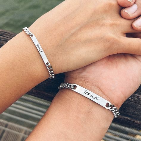 Personalized Couple Name Custom Bracelet available in three colors silvers, gold and rose gold. Couple Things Matching, I Want My Boyfriend, Couple Accessories, Post Break Up, Couple Gift Ideas, Custom Engraved Bracelet, Cute Valentines Day Gifts, Cute Gifts For Friends, Nursing Accessories