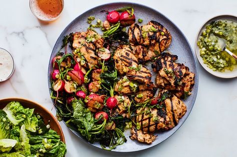 Roasted Halibut, Grill Recipes, Boneless Chicken Thighs, Grilled Chicken Recipes, Spinach Artichoke, Summer Entertaining, Radishes, Boneless Chicken, Chicken Seasoning