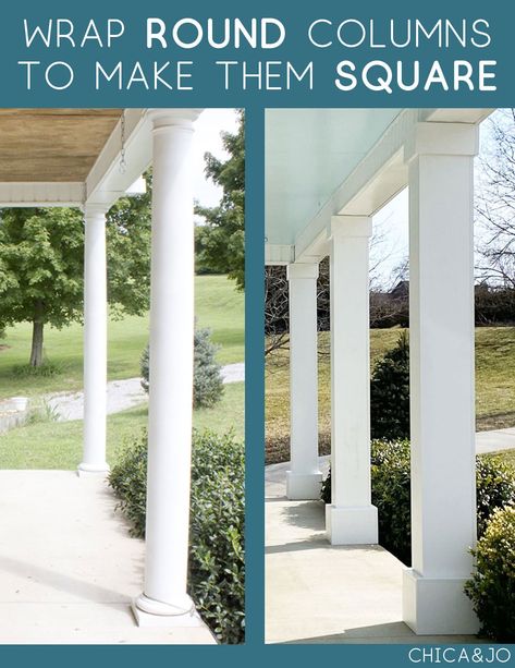 See how to transform your found porch columns into square ones without any demo work. @homedepot Diy Exterior Columns Porch Posts, Cover Front Porch Post, How To Hide Pillars Columns, Deck Columns Porch Posts, White House With White Columns, Update Round Porch Columns, Changing Front Porch Columns, Updating Columns On Porch, Diy Front Porch Column Makeover