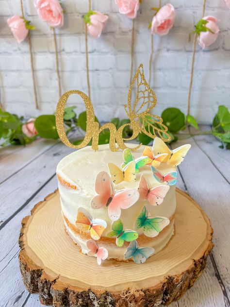 One Year Fluttered By, One Tier Butterfly Cake, Diy Fairy Birthday Cake, Fairy Garden Smash Cake, Fairy Birthday Smash Cake, Fairy Garden Cake Smash, One Year Fluttered By Birthday, One Year Old Fairy Birthday Party, Butterfly Smash Cake First Birthdays