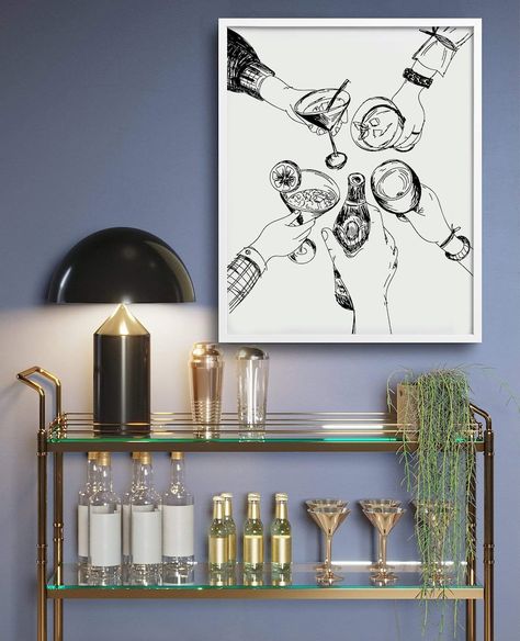 Cheers Print / Cheers Wall Art / Bar Cart Wall Decor / - Etsy Brasil Wall Art Above Bar Cabinet, Drinks Corner Living Room, Wall Art Bar Area, Bar Wall Decor Ideas For Home, Cocktail Room Ideas, Dry Bar Decor, Bar Wall Art Ideas, Bar Cart Artwork, Bar Artwork Decor