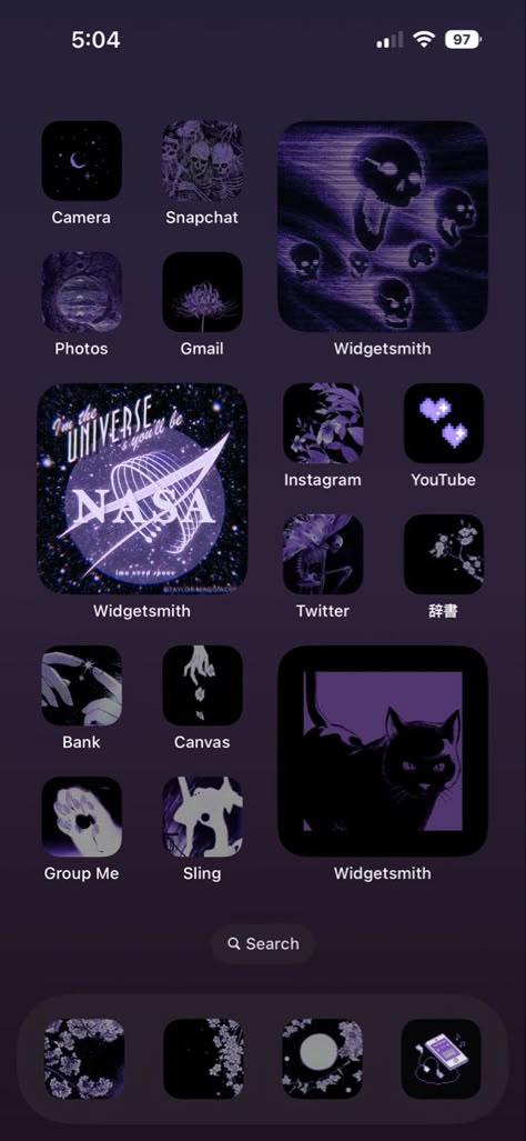 Cool Phone Screen Ideas, Phone Themes Aesthetic Purple, Iphone Themes Aesthetic Purple, Theme For Iphone App, Phone Themes Purple And Black, Purple Themed Phone Layout, Widget Iphone Aesthetic Ideas Purple, Ios 16 Home Screen Ideas Dark Purple, Ios Layout Aesthetic Purple