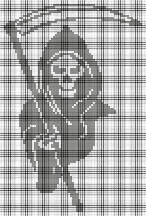 Halloween Filet Crochet Patterns, Halloween Filet Crochet, Reaper Crochet, Filet Crochet Patterns, Alpha Pattern, Alpha Patterns, Grim Reaper, Filet Crochet, Friendship Bracelet Patterns