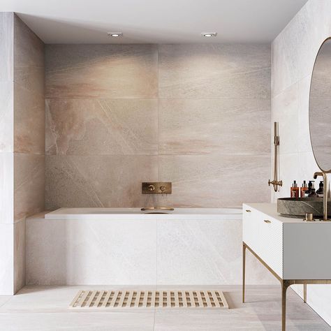 Stone Tiles Bathroom Natural, Bathroom Neutral Tiles, Natural Stone Master Bath, Stone Coloured Bathroom, Neutral Stone Bathroom, Large Tiles Bathroom, Neutral Tile Bathroom, Natural Stone Bathroom Ideas, Bathroom Stone Tiles