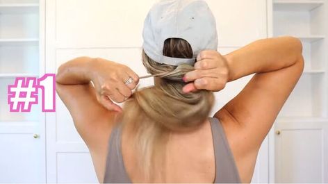 This guide shares 4 cute hat hairstyles. Learn some baseball cap hat hairstyles in this step-by-step tutorial. Hairstyle With A Hat Baseball Caps, Ponytail Styles With Hat, Hair Up With Baseball Hat, Hair Up With Hat Style, Ponytail For Hats, Hair In Ball Cap Style, Hat Ponytail Hack, Hair Styles With A Hat Baseball Caps, Low Bun Baseball Cap