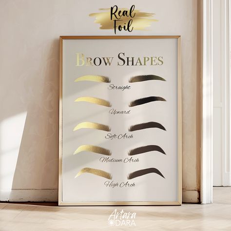 Brow Shapes Poster, Real Foil Print, Braw Salon Decor, Brow Tech Art, Eyebrow Menu Print, Golden Brow Art, Microblading Art, Eyebrow Art Foil printing is an original and bright decoration for your interior and a wonderful gift for friends and family! All posters are printed on smooth, thick paper. Please note, this is an intricate handmade piece and each poster is printed specifically for you, so the foil coating may have tiny imperfections. This is normal and does not affect the overall appearance of the poster and also makes it unique. Please note! The print is sent unframed. The frame in the photo is for example only Thanks for visiting my store! Please feel free to write to me if you have any questions! Eyebrow Salon Ideas, Brow Room Decor Ideas, Brow Studio Decor, Brow Aftercare, Brow Salon, Brow Business, Eyebrow Art, Brow Shapes, Tech Poster