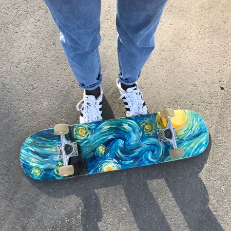 #art #ideas #create #artist #vangogh #skateboard Painting Ideas On Skateboard, Skateboard Paint Ideas, Bottom Of Skateboard Painting Ideas, Paint Skateboard Ideas, Skateboard Custom Paint, Skateboard Art Ideas, Painted Skateboard Ideas, Customized Skateboards, Skate Board Painting Idea