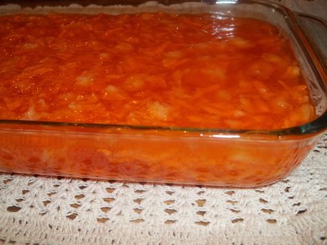 Orange Carrot Jello Salad (GF) on MyRecipeMagic.com.  Make this every year at Thanksgiving. Carrot Jello Salad, Carrot Pineapple Salad, Jello Fruit Salads, Jelly Salad, Recipe With Pineapple, Orange Jello Salads, Lime Jello Salads, Pineapple Jello, Jello Mold Recipes