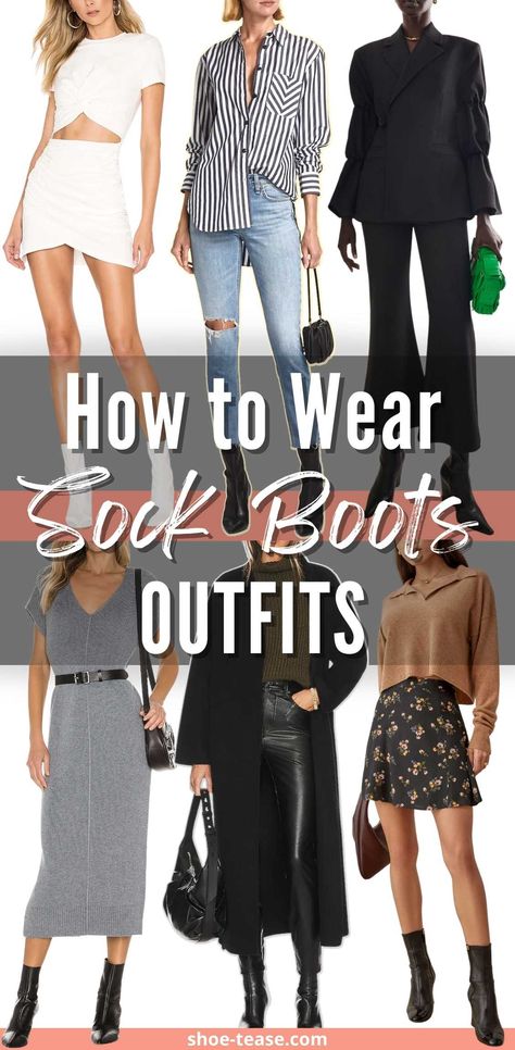 How to Wear Sock Boots Outfits - 25 Sock Bootie Outfit Ideas Black Sock Boots Outfit Jeans, Sock Boot Outfit Winter, Outfits With Bootie Heels, Sock Boots Outfit Work, What To Wear With Sock Boots, Sock Boot Heels Outfit, How To Wear Boot Socks, Mid Calf Black Boots Outfit, Mid Heel Boots Outfit