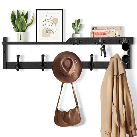 PRICES MAY VARY. PRACTICAL AND STYLISH: The appearance design of this wall-mounted coat rack is both fashionable and practical, and has applied for an appearance patent; It makes full use of the wall space at the entrance, can be matched with various decoration styles, adding an elegant touch to your space 4-IN-1 FUNCTION: It is not only a coat rack, but also a key holder and mail organizer, and it is also a storage and display wall shelf; You no longer have to worry about forgetting things when Foyer Hooks Entrance, Hat Hooks Wall Decor, Floating Shelf With Hooks, Backpack Hooks, Coat Hanger Wall, Entryway Organizer Wall, Hallway Seating, Coat Rack Wall Mount, Hanging Purses