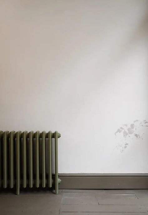 Green Radiator, Soft White Walls, Cassandra Ellis, Atelier Ellis, Painted Radiator, Natural Paint, Sage Green Walls, Bath Store, Window Benches