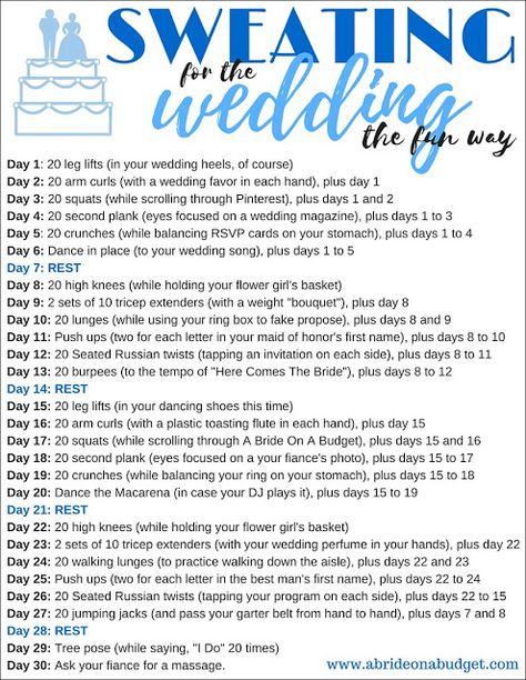 Tired of BORING 30-day workout challenges? I get it! This Sweating For The Wedding The Fun Way 30-day workout challenge from www.abrideonabudget.com is SO MUCH more fun and PERFECT for a bride-to-be. Wedding Workout Plan, Sweating For The Wedding, Beachbody Workout, Bride Workout, Wedding Body, Workout Challenges, Wedding Diet, Challenge Fitness, Wedding Workout