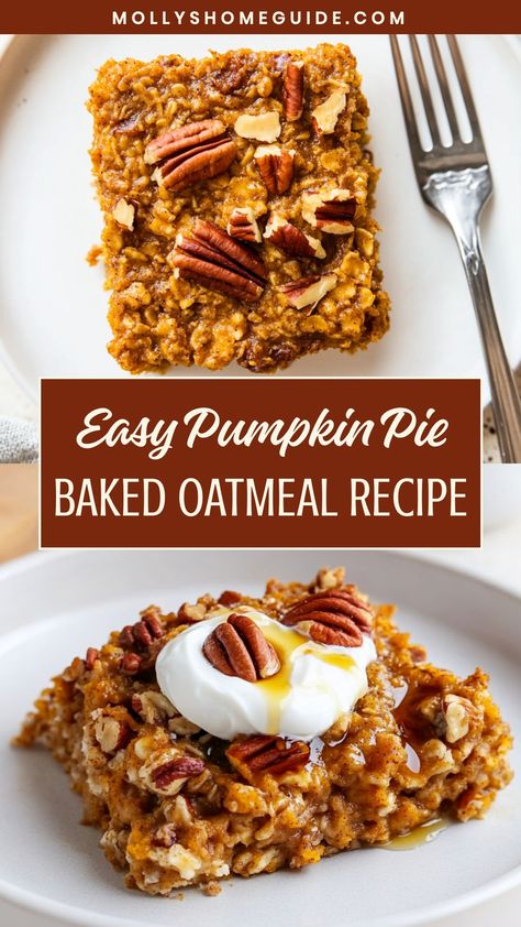 Looking for a cozy and delicious breakfast idea? Try this simple recipe for pumpkin pie baked oatmeal. This dish is the perfect blend of warm spices and hearty oats, making it a comforting meal to start your day. With pumpkin puree adding a touch of fall flavor, this baked oatmeal is sure to become a seasonal favorite in your household. Not only is it easy to make, but it also fills your kitchen with the delightful aroma of cinnamon and nutmeg. Oatmeal And Pumpkin Recipes, Pumpkin Recipes Oatmeal, Pumpkin Pecan Baked Oatmeal, Pumpkin Pie Oatmeal Bake, Oatmeal Pumpkin Recipes, Pumpkin Oats Recipes, Pumpkin Oat Bake Healthy, Oatmeal With Pumpkin Puree, Oatmeal Pumpkin Bread Healthy