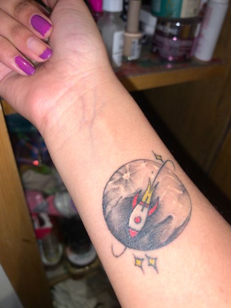 Moon And Rocket Tattoo, Rocket And Moon Tattoo, To The Moon And Back Tattoo, Couple Tat, Rocket Tattoo, Phase Of The Moon, Mom Tattoo, Leo Tattoos, Mom Tattoos