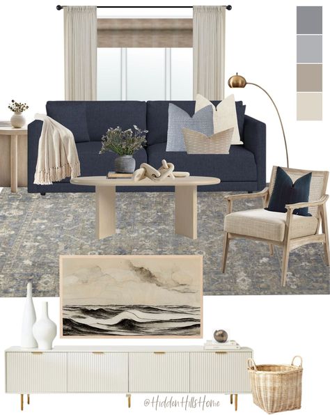 Coastal Living Room With Navy Sofa, Navy Blue Couch Living Room Decor Modern, Blue Couch Modern Living Room, Dark Navy Couch Living Room, Dark Blue Sofa Living Room, Navy Sectional Living Room, Blue Couches Living Room Decor, Navy Blue Couch Living Room Decor, Navy Sofa Living Room Ideas