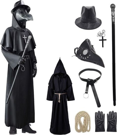 Authentic plague doctor costume with a hat, cross, bird mask, robe, belts, and scepter. Perfect for both men and women. Available in multiple sizes. Capturing the essence of the historical figure, this costume is versatile and great for Halloween, cosplay, or themed parties. Satisfaction guaranteed with a 30-day refund or replacement. Sun Moon Costume, Sun And Moon Costume, Medieval Halloween, Mask Outfit, Plague Doctor Costume, Moon Costume, Bird Mask, Plague Doctor Mask, Black Cloak