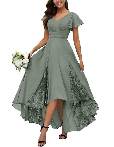 Dresses For Wedding, Ruffle Sleeves, Bride Dresses, Tea Length, Chiffon Lace, Mother Of The Bride Dresses, Evening Gown, Mother Of The Bride, Appliques