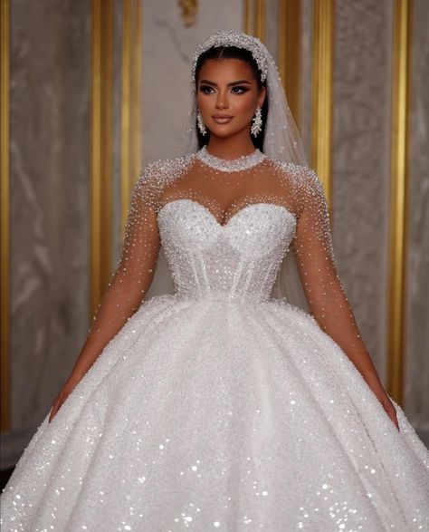 Wedding Dresses With Bling Crystals, Dream Wedding Dresses Ball Gown Long Sleeve, Wedding Dresses Glamorous Sparkle, Wedding Dresses Princess Ballgown Classy, White Ballgown Wedding Dresses, Wedding Dresses Cinderella Princess, Princess Wedding Dresses Ball Gown Fairytale Sparkle, Cinderella Style Wedding Dresses, Long Sleeve Wedding Dress Ball Gown Princesses